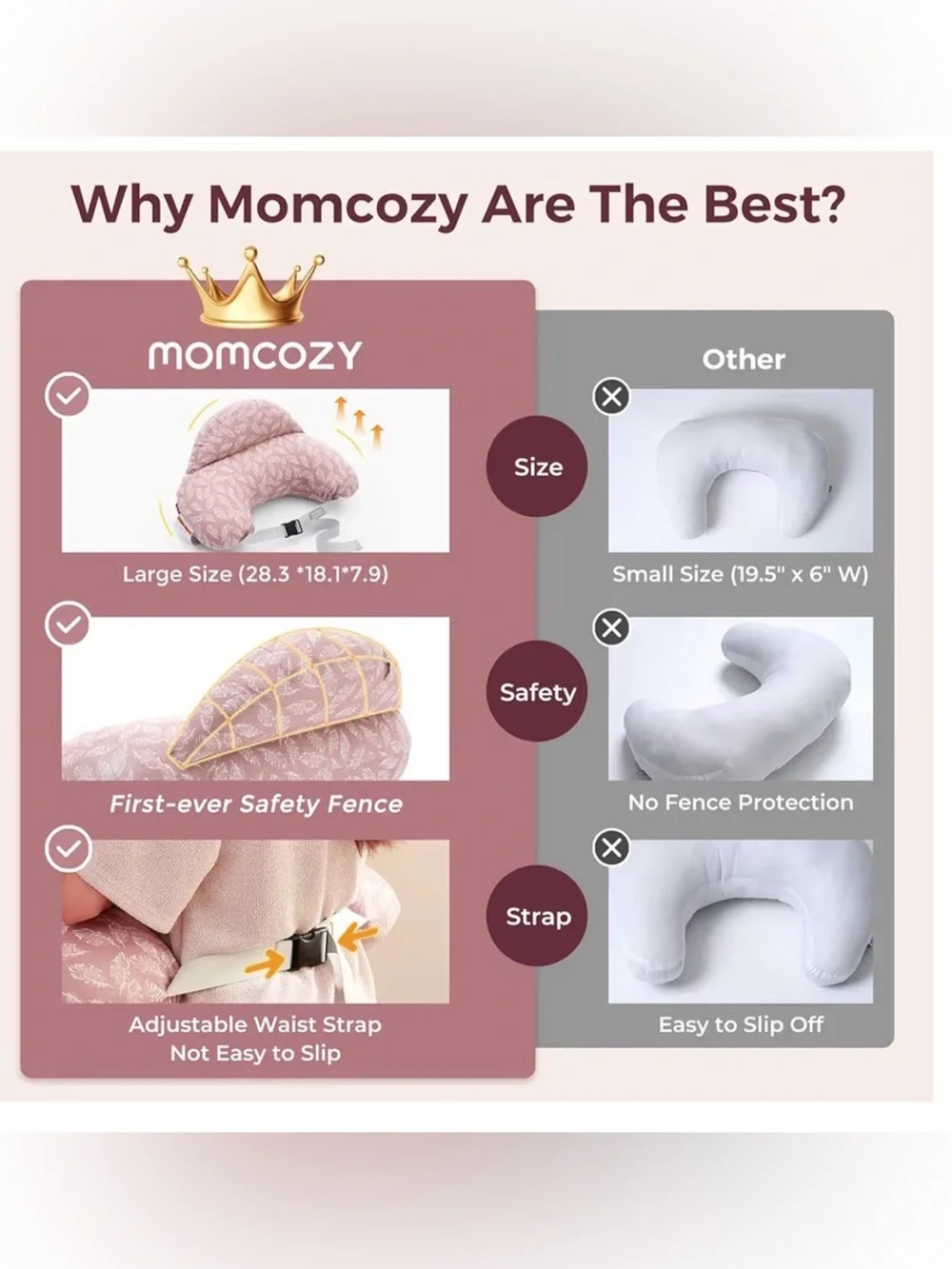 NWT - Momcozy - Nursing Pillow with feathers Print in pink & white -Pink Snuggle